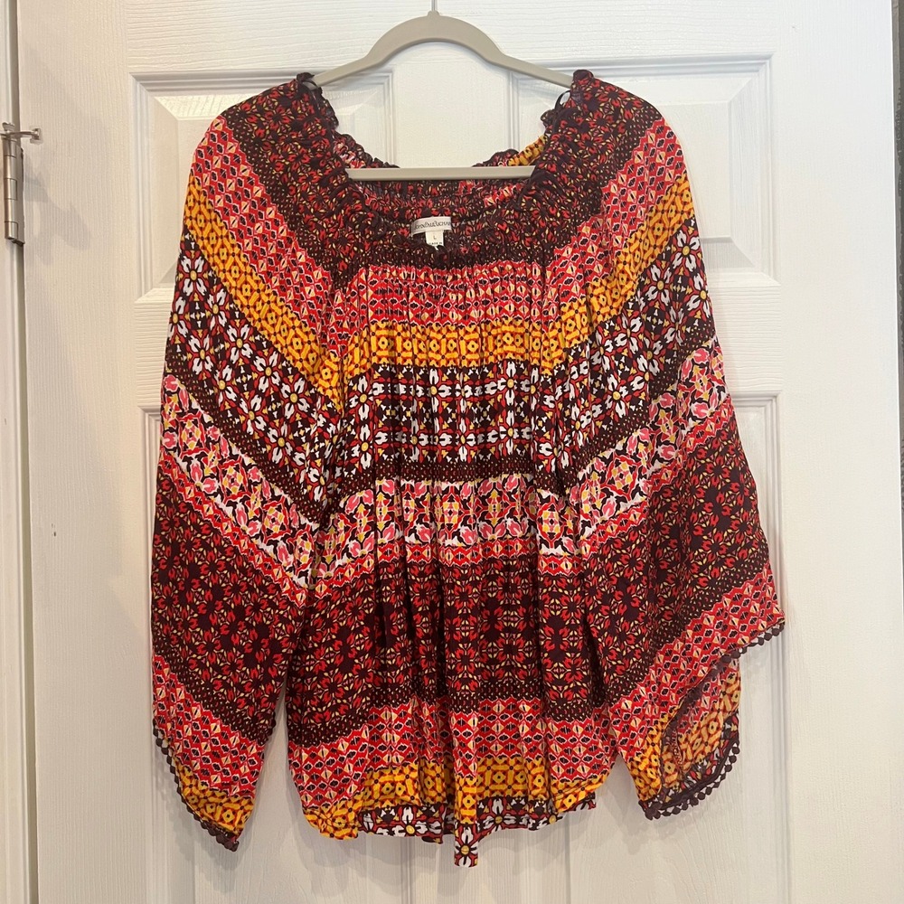 John Paul Richard Blouse Rayon Fabric Boho Peasant Smocked Bell Sleeve Hippie L